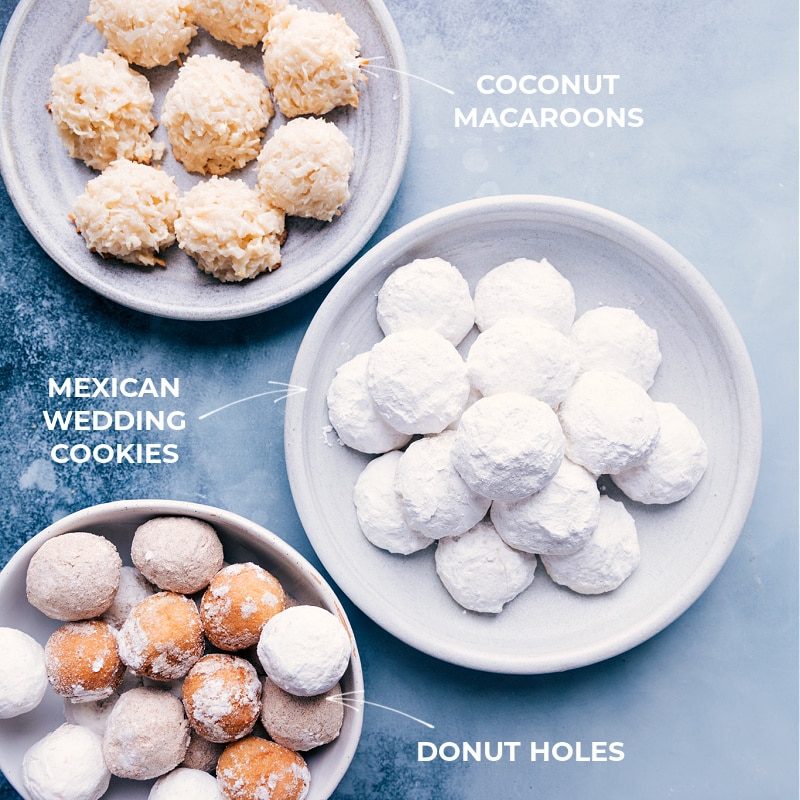 Coconut Macaroons, Donut Holes and Mexican Wedding Cookies on plates that goes into these easter printable
