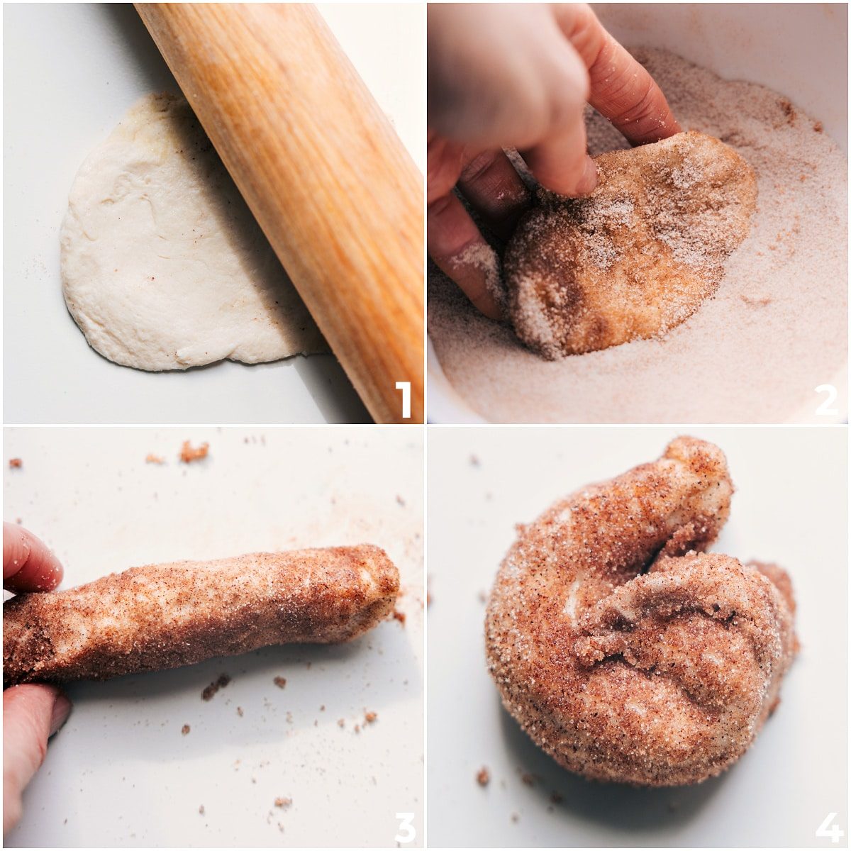 Biscuits rolled in cinnamon sugar and shaped into mini cinnamon rolls for Cinnamon Roll Cake.