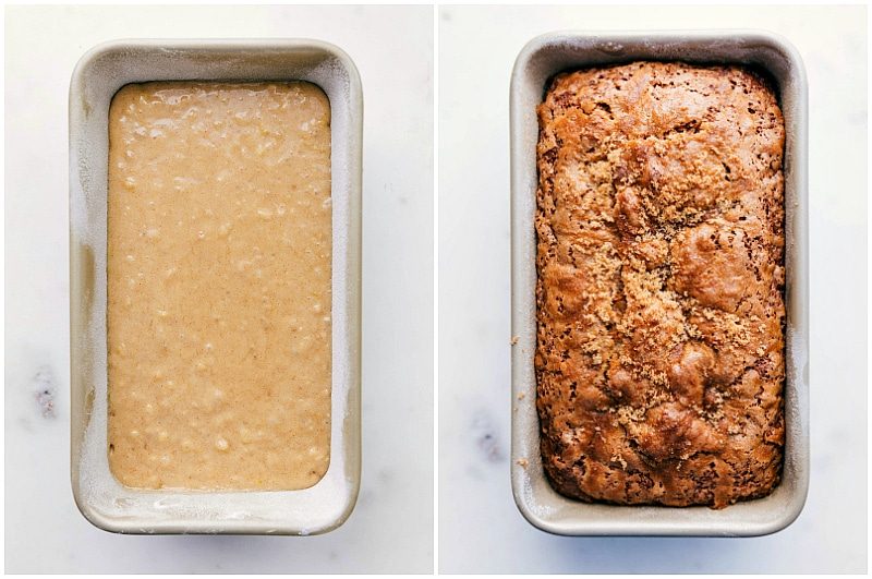 Unbaked and baked straightforward Banana Bread