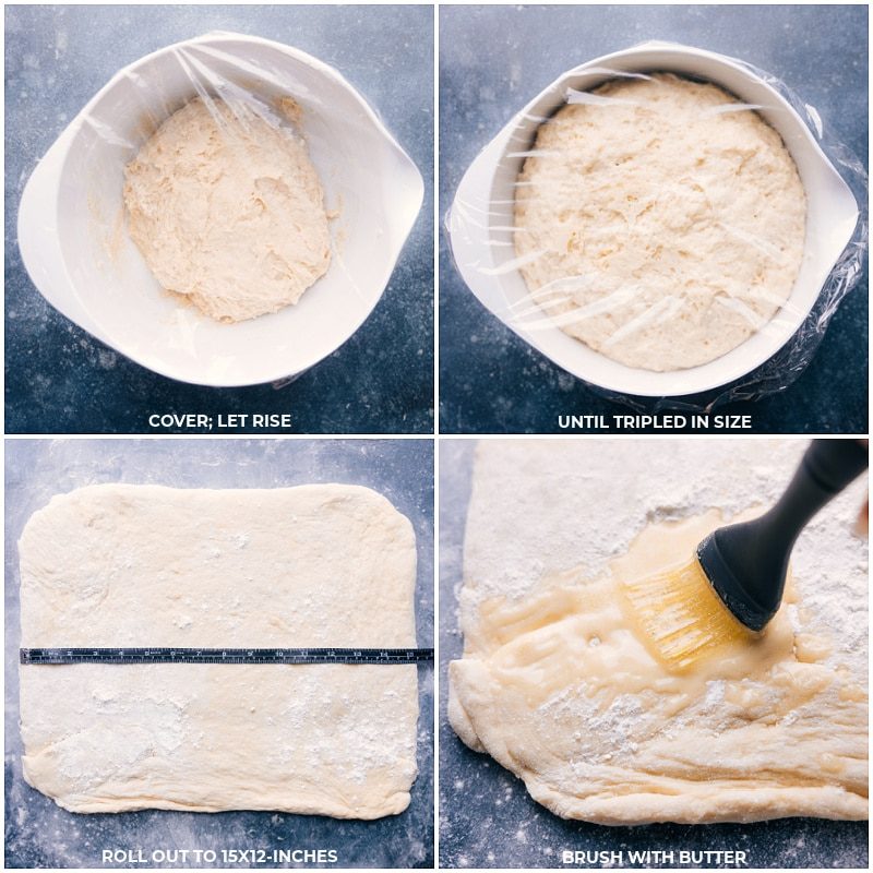 Cover dough and let rise until tripled in size; roll into a rectangle shape; brush with butter for this no knead straightforward cinnamon roll recipe.