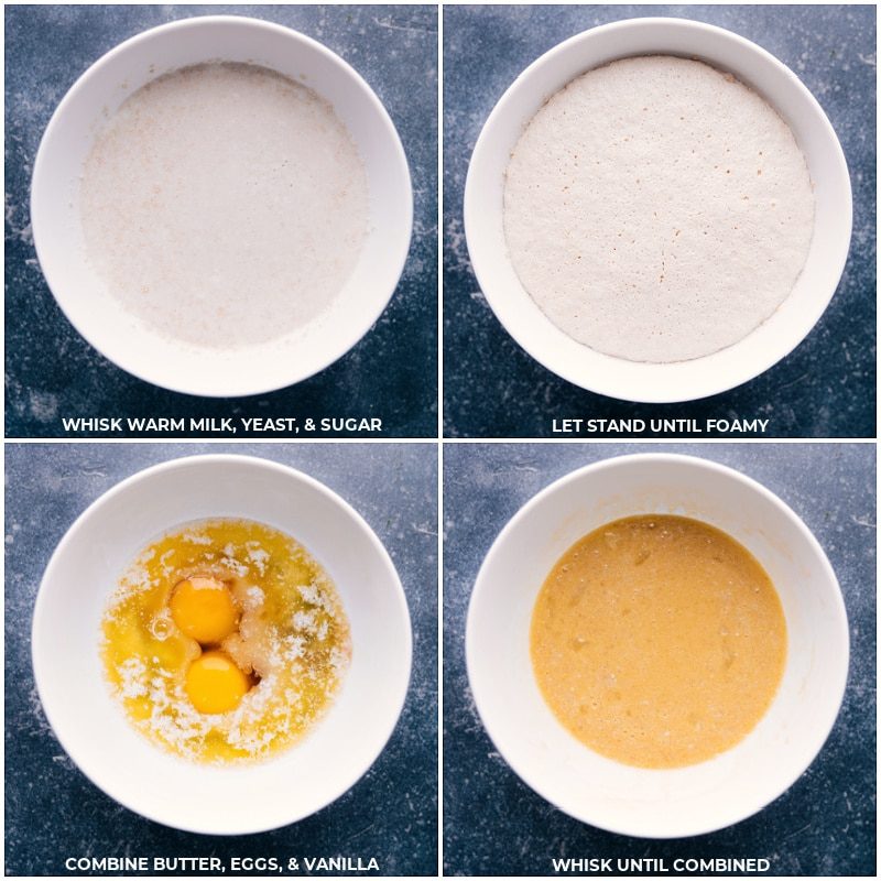 Whisk milk, yeast and sugar; let stand; combine butter, eggs and vanilla; whisk to combine