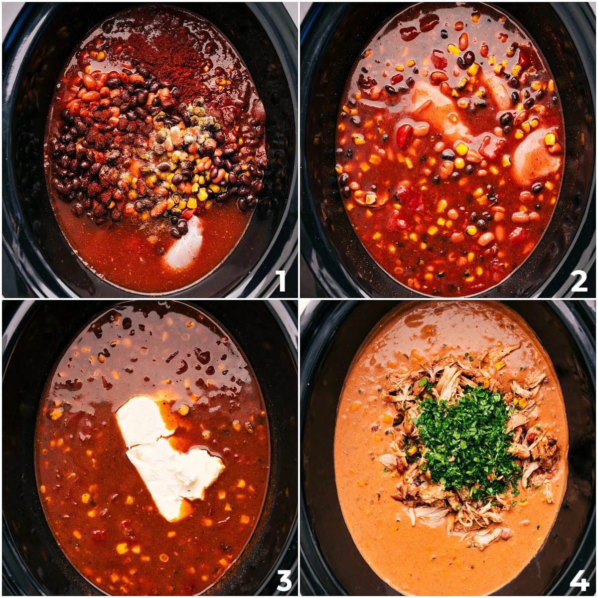 Add all the ingredients to the slow cooker and cook them together. Once the cooking is done, remove the chicken to shred it, then add it back in with cream cheese and fresh cilantro for this chicken chili.