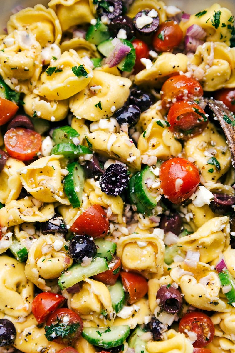 Greek salad tortellini mixed with fresh cucumbers, tomatoes, olives, and satisfying from-scratch dressing.