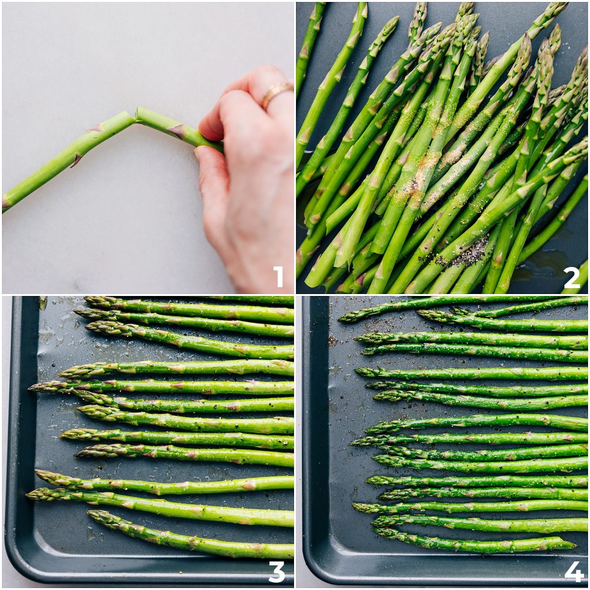 The roasted asparagus recipe being prepped and placed on the sheet pan along with seasonings to be roasted.