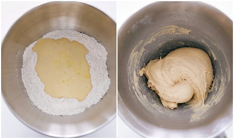 Whisking together dry ingredients, adding in wet, and mixing it all together with the wet ingredients to form the dough.