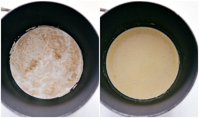 Adding egg/butter mixture to yeast/milk mixture in a pot.