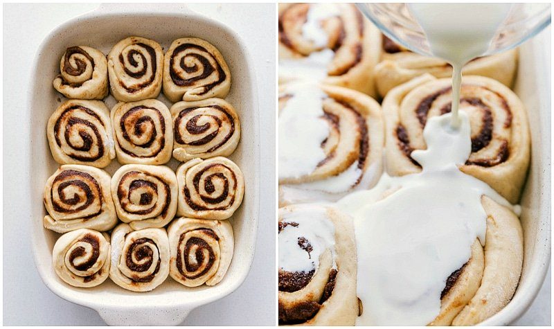 Adding the secret ingredient (heavy cream) to the prepared pan of these from-scratch cinnamon rolls.