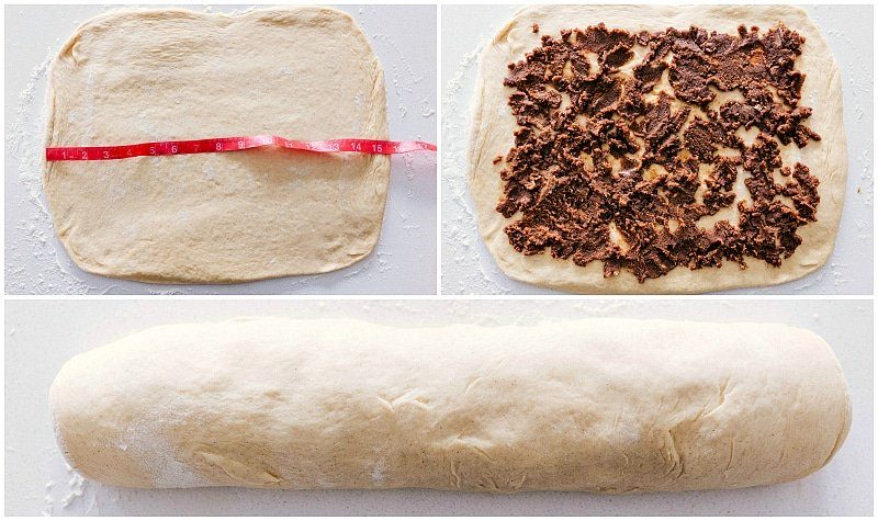 Rolling out the dough, adding cinnamon sugar, and forming the dough into a log to slice into individual rolls.
