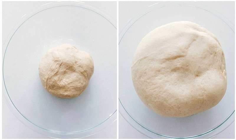 The dough rising for from-scratch Cinnamon Rolls.