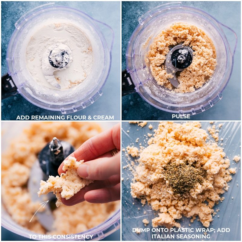 Process shots of from-scratch Crackers-- images of the flour and cream being pulsed together an then it all being placed onto plastic wrap