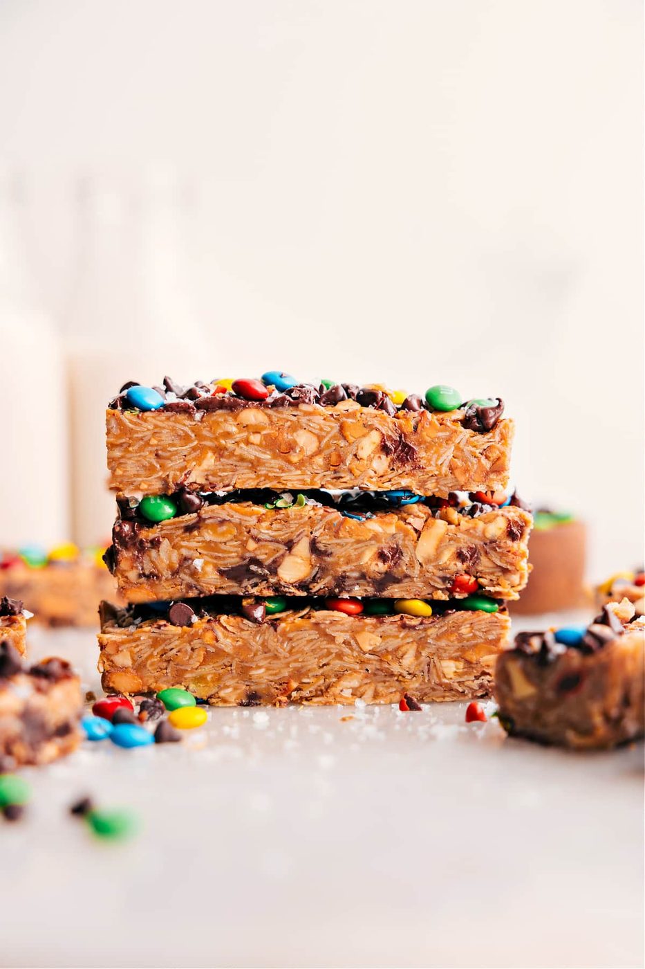 from-scratch chewy granola bars with oats, peanut butter, cashews, M&M’s, and chocolate chips.