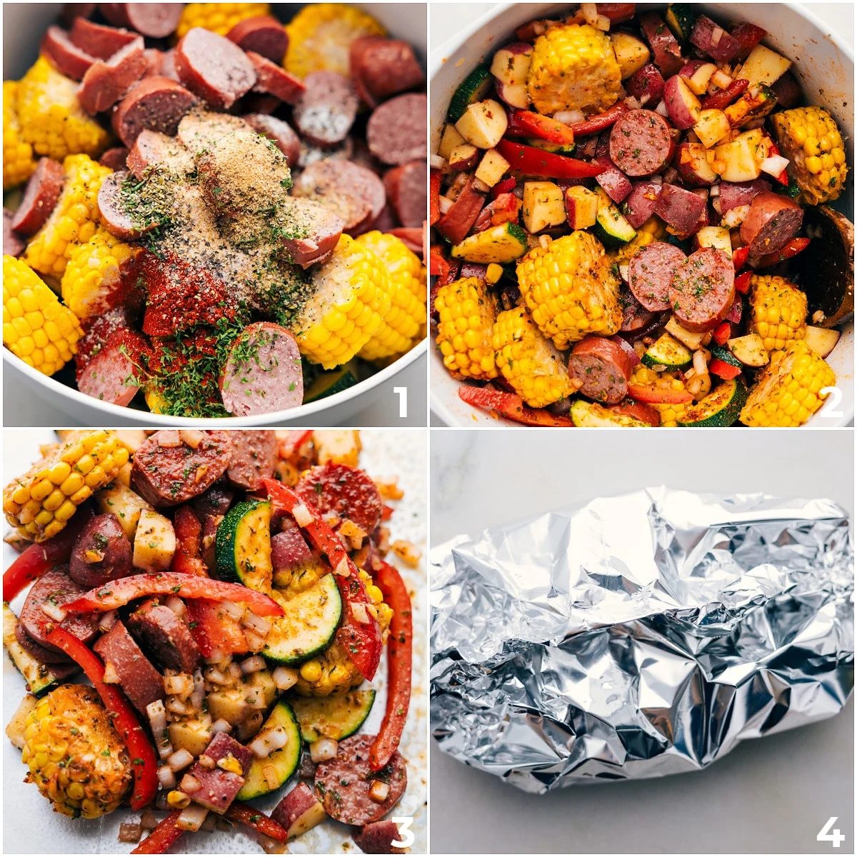 All the ingredients for Tin Foil Sausage and Veggies Dinner being added to a bowl and mixed together then added to tinfoil and it being sealed for cooking.