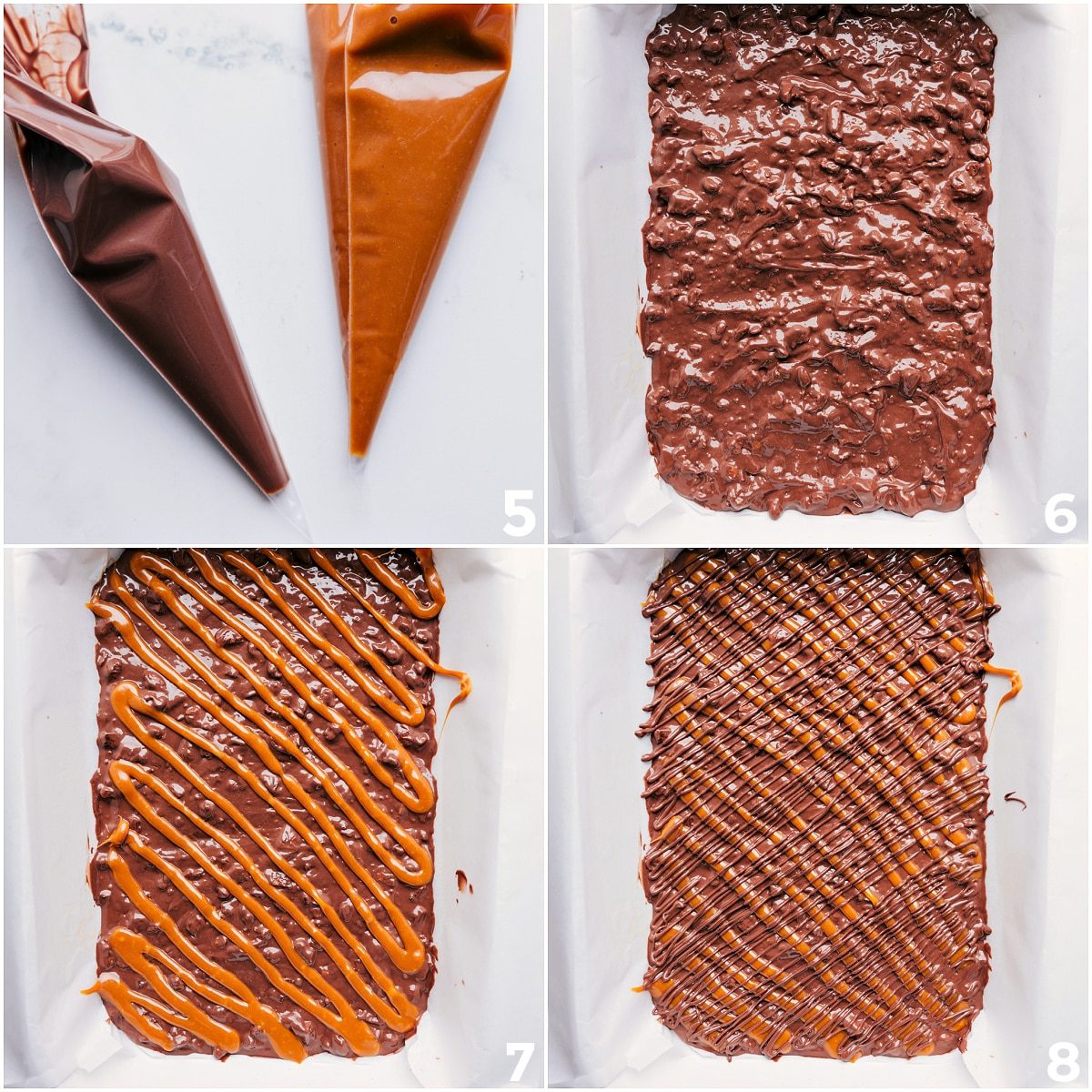 Melted chocolate and caramel in piping bags being drizzled over the dessert.