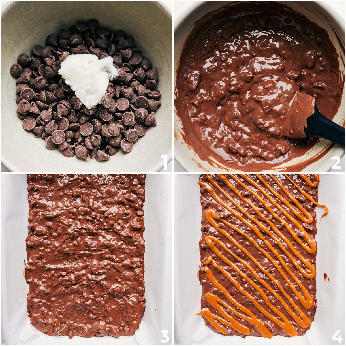 Melted chocolate mixed with coconut oil and pecans spread on a sheet pan with caramel drizzled on top for turtle bark.