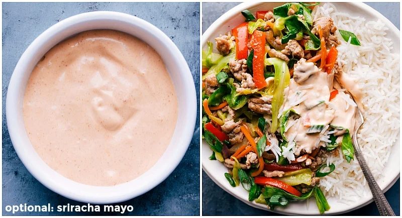 Bowl of skippable sriracha mayo sauce to complement the dish, adding a spicy kick.