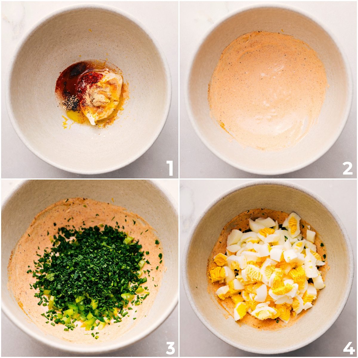 Mix the creamy sauce, then add the herbs and chopped eggs for the egg salad.