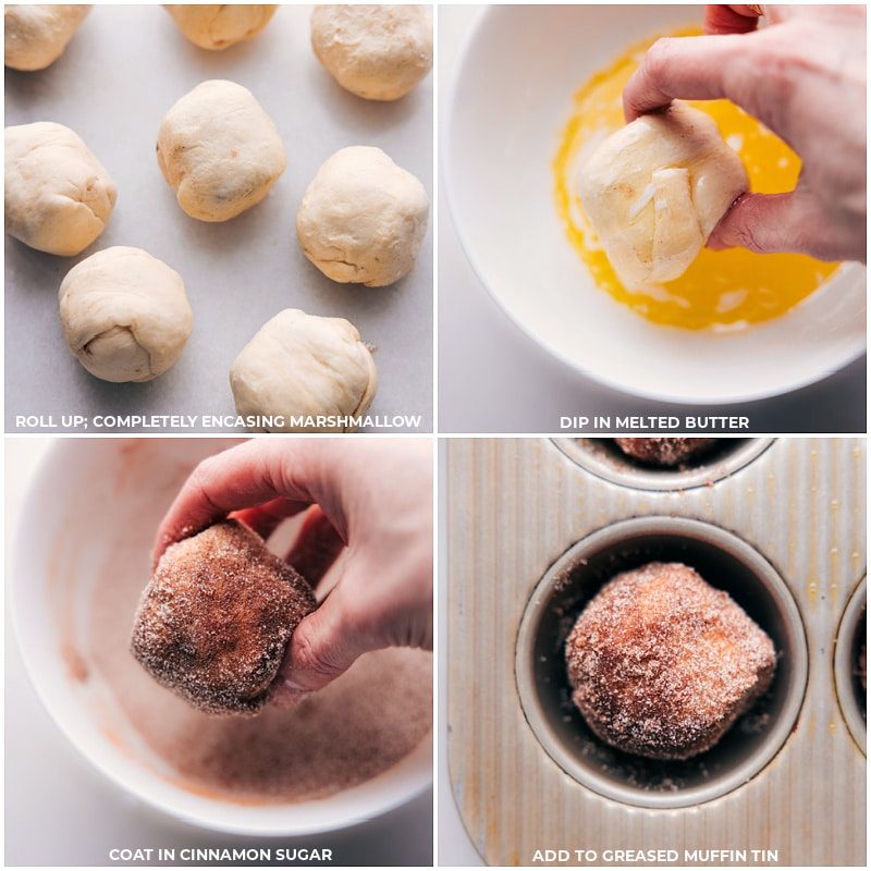 Dough balls being dipped in butter and coated in cinnamon sugar and then being added to a greased muffin tin.