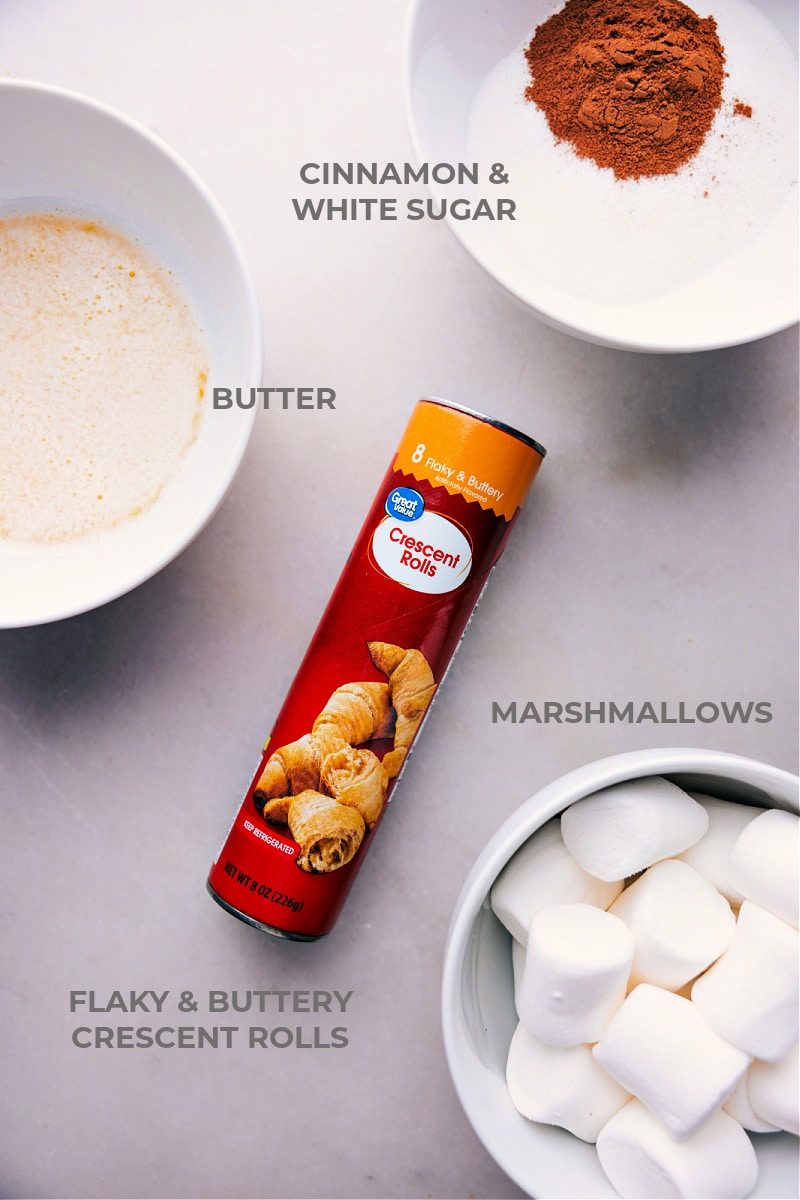All the ingredients for this recipe—cinnamon, white sugar, butter, and marshmallows—prepped and ready for straightforward assembly.