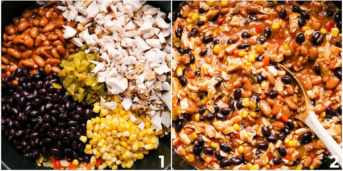 All the filling ingredients mixed together in a skillet for this chicken enchilada casserole.