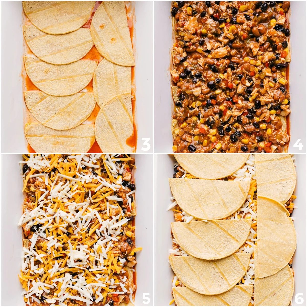 The dish being layered in a pan, starting with sauce, followed by tortillas, the filling, and cheese, then repeating the layers.