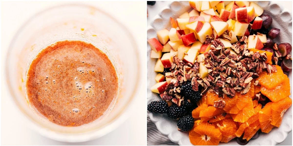 The dressing mixed together in a mason jar and the salad ingredients added to a bowl to mix together for this fall fruit salad.
