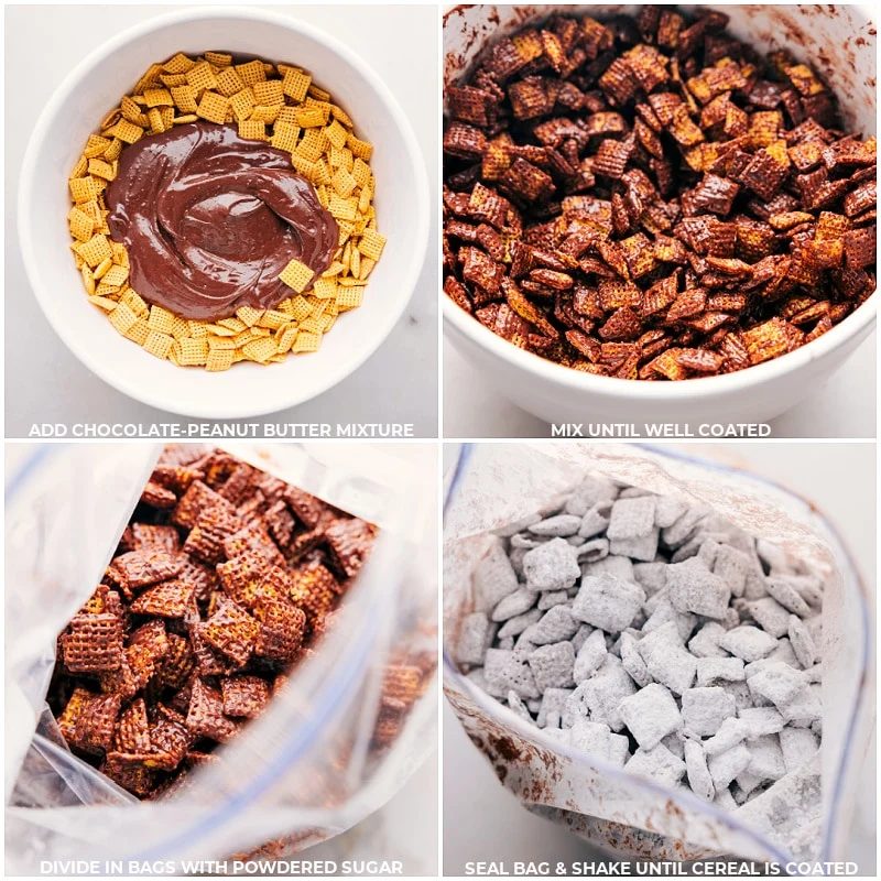 Making of Fall Muddy Buddies: chocolate mixture being poured over cereal, thorough mixing, division into bags, addition of powdered sugar, and the final energetic shaking for a well-coated, satisfying treat.