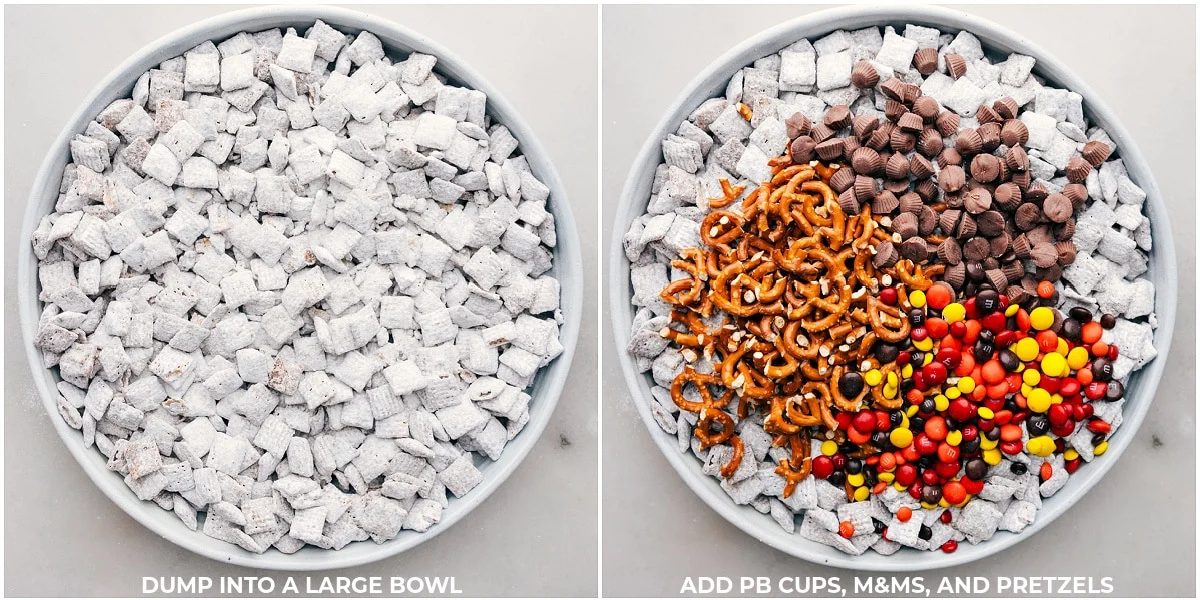 Well-coated cereal just after shaking with powdered sugar, and the final treat, enhanced with colorful, tasty mix-ins for added texture and flavor.