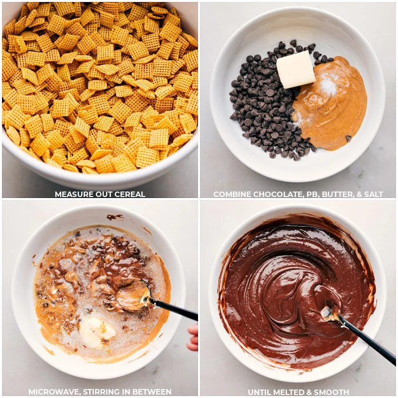 Measuring cereal into a bowl, combining chocolate with peanut butter and a pinch of salt, followed by heating the mixture until smooth and evenly melted.