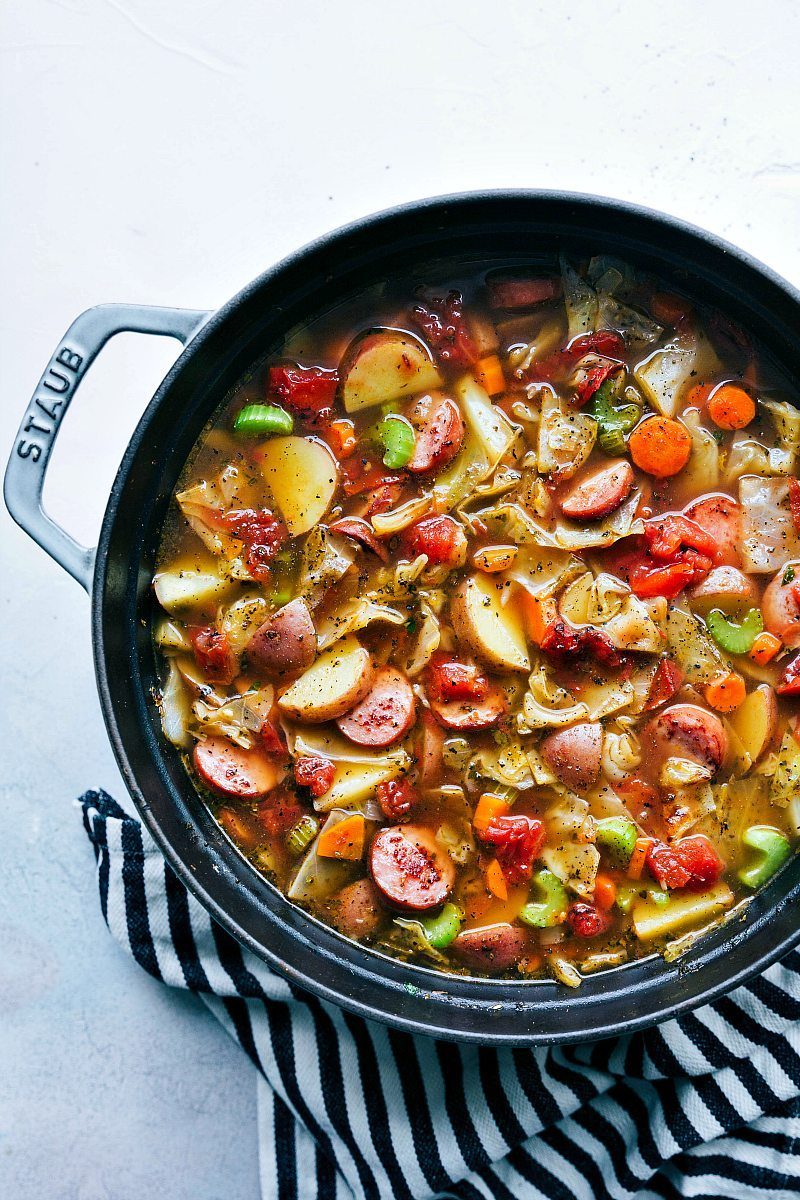 Sausage, potato, and cabbage soup with hearty vegetables and savory sausage, one of these fall soup recipes.