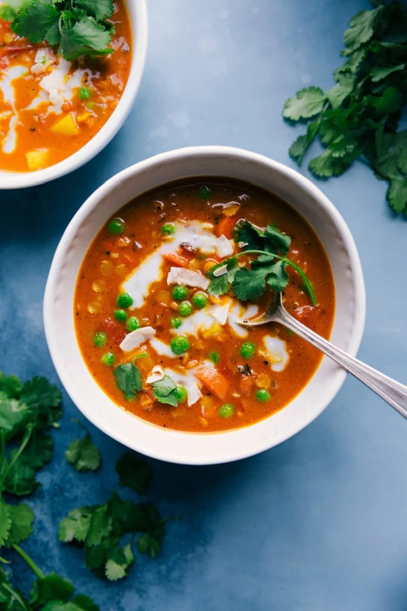 Curry lentil soup with red lentils, vegetables, warm spices, and creamy coconut milk.