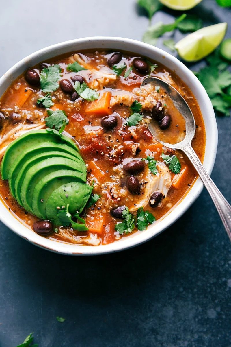 Chicken sweet potato soup with tender chicken, sweet potatoes, and vegetables.