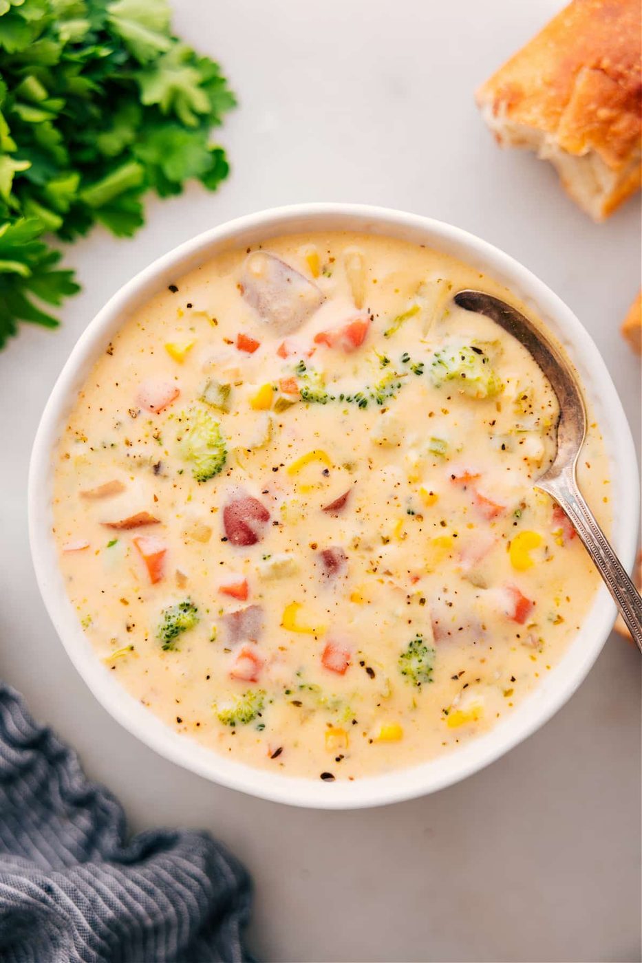 Creamy vegetable soup packed with tender vegetables in a rich broth.