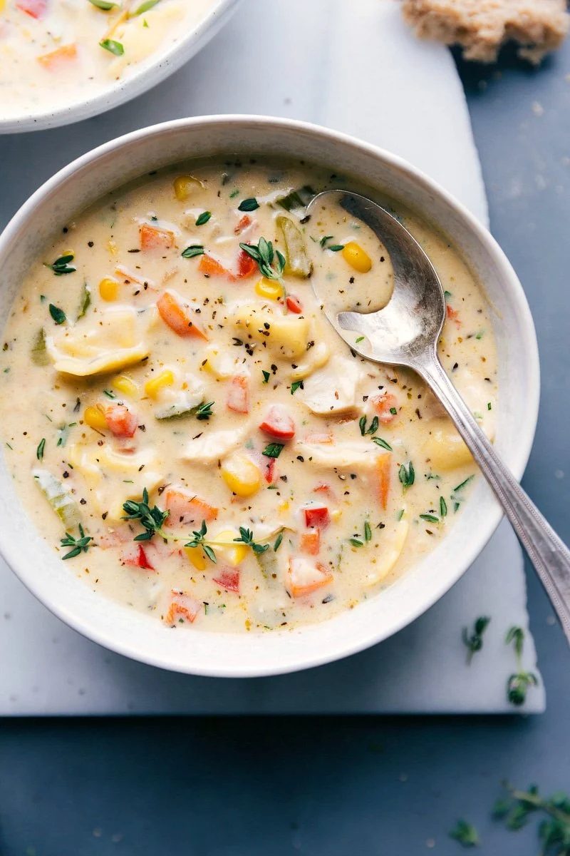 Creamy chicken tortellini soup with tender chicken, cheese tortellini, and vegetables.