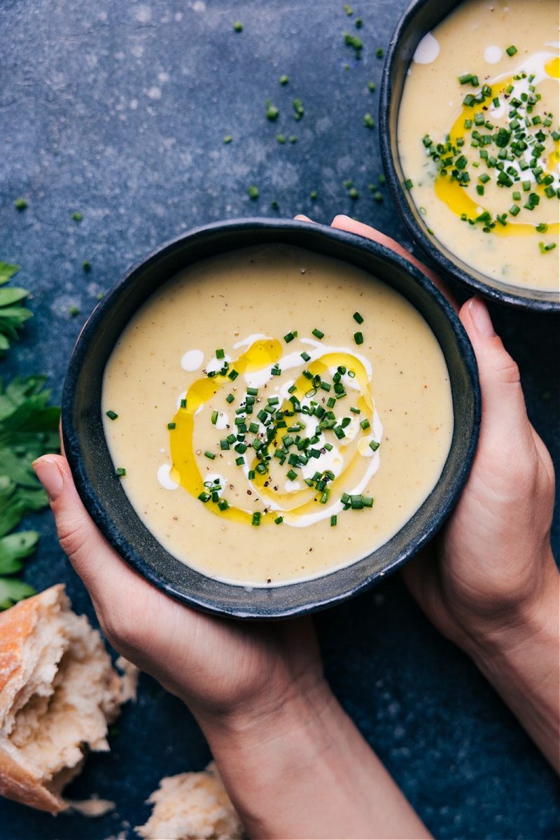 Loaded potato soup with tender potatoes, bacon, cheese, and a creamy broth.