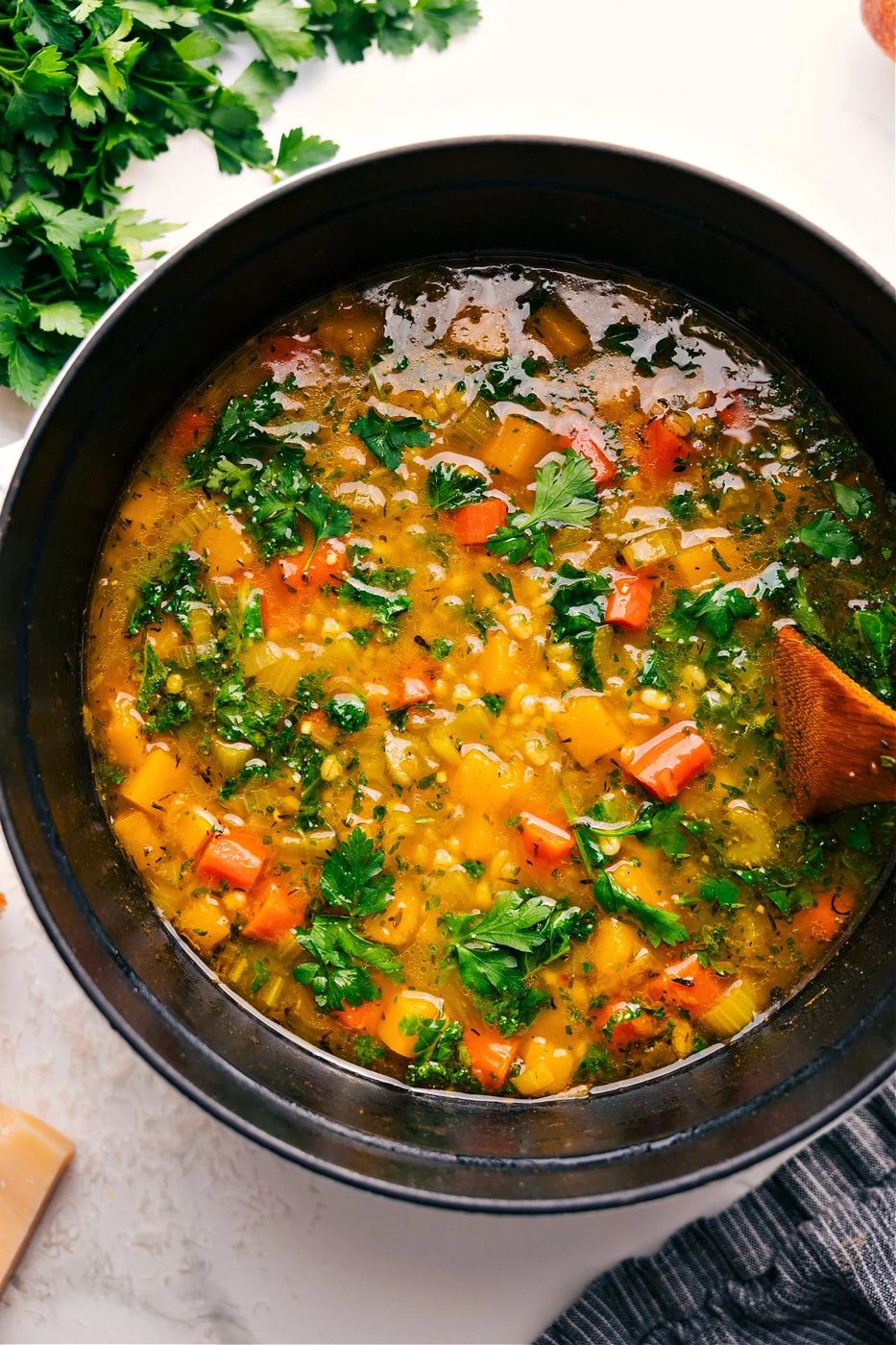 Vegetarian barley soup with tender barley, vegetables, herbs, and Parmesan, reliable for fall soup recipes.