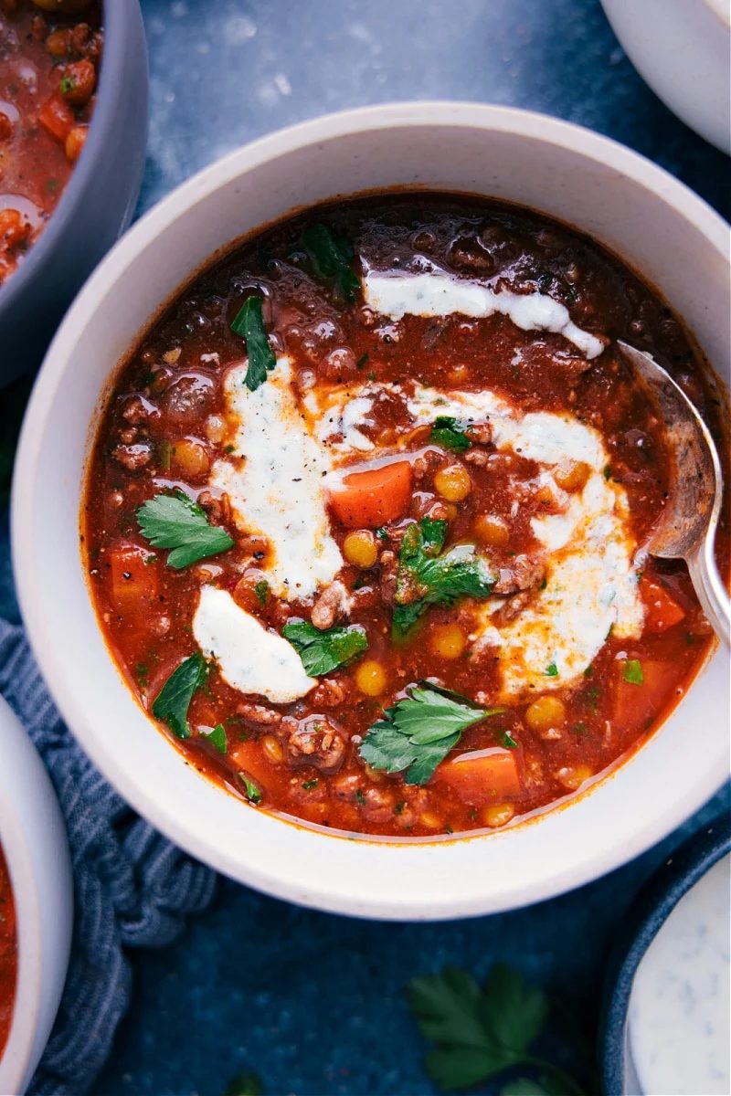 Beef lentil soup with tender beef, vegetables, lentils, and warm shawarma spices.