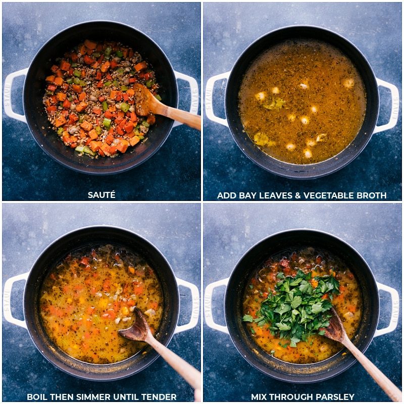 The bay leaves, vegetable broth, and parsley being added.