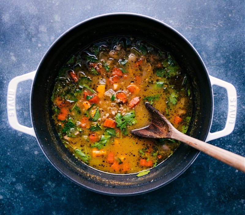Farro Soup in the pot ready to be served.