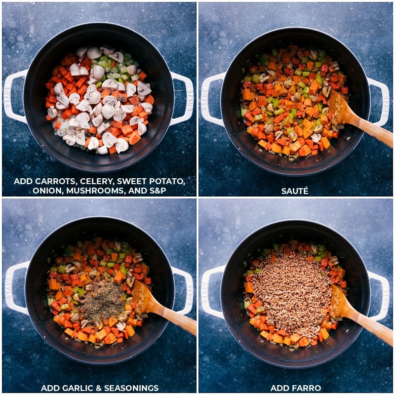 All the veggies going into a pot and then the garlic, seasoning, and farro for this farro soup.