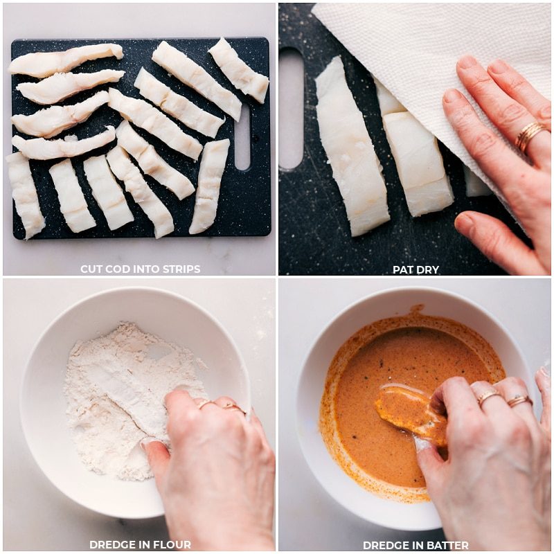 Process shots of from-scratch fish sticks-- images of the cod being cut into strips and then dipped in flour and then dredged in the batter