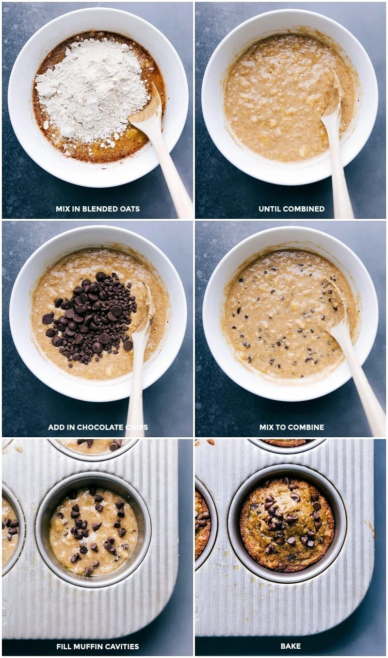 Adding oats and chocolate chips to the bowl, stirring everything to combine, and filling muffin tins with the satisfying gluten free banana muffin batter.