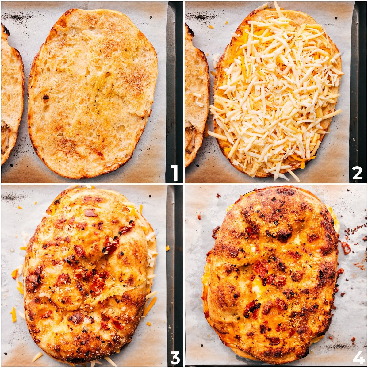 Focaccia grilled cheese toasting in the oven with butter, garlic powder, and melted cheese.