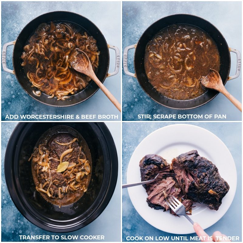Process shots-- images of the Worcestershire sauce and beef broth being added to the onions and it all being transferred to the slow cooker until meat is cooked through