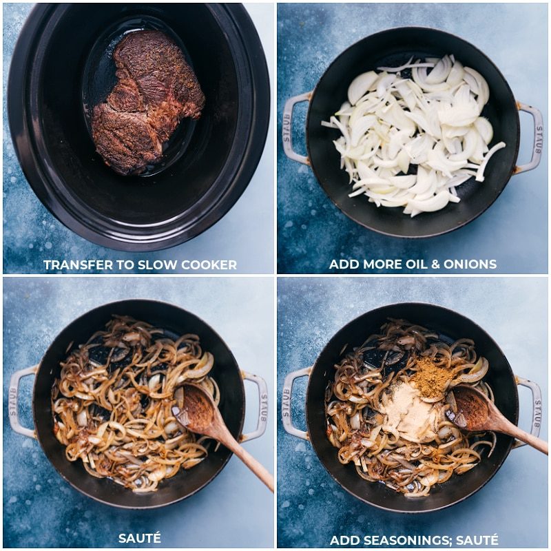 Process shots of French dip sandwiches-- images of the roast being added to the slow cooker and the onions being cooked