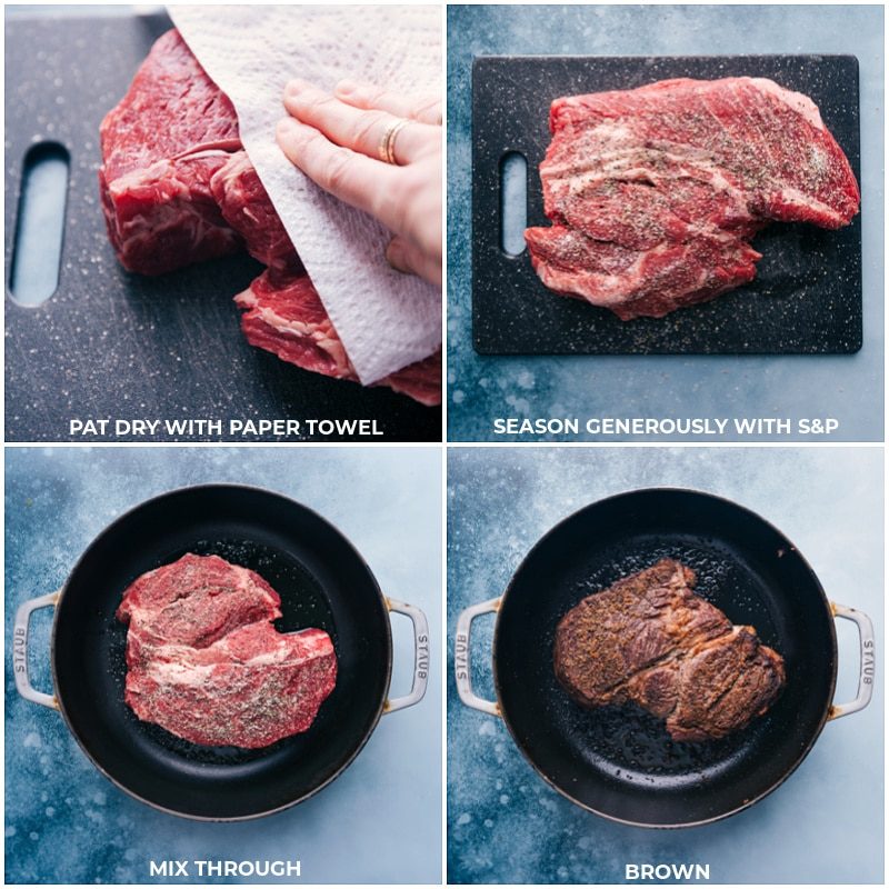 Process shots-- images of the beef chuck roast being prepped and then browned in a skillet
