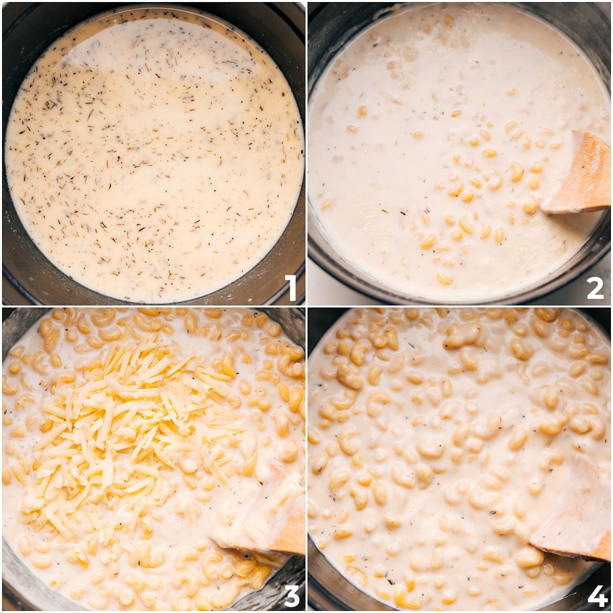 Pasta and cream sauce simmering together in a pot before cheese is added.
