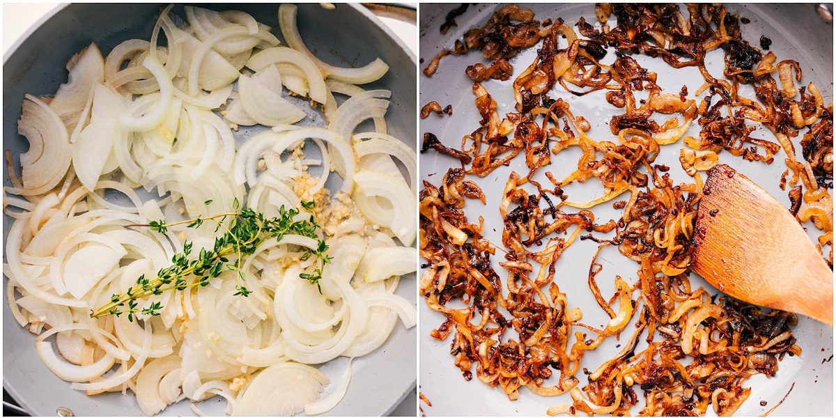 Skillet of onions cooked low and slow until deeply caramelized for French onion mac and cheese.