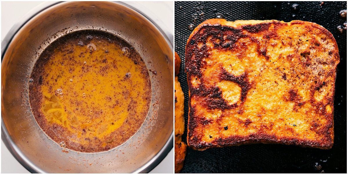 Egg mixture in a bowl with bread being dipped, then cooked until the edges turn golden.