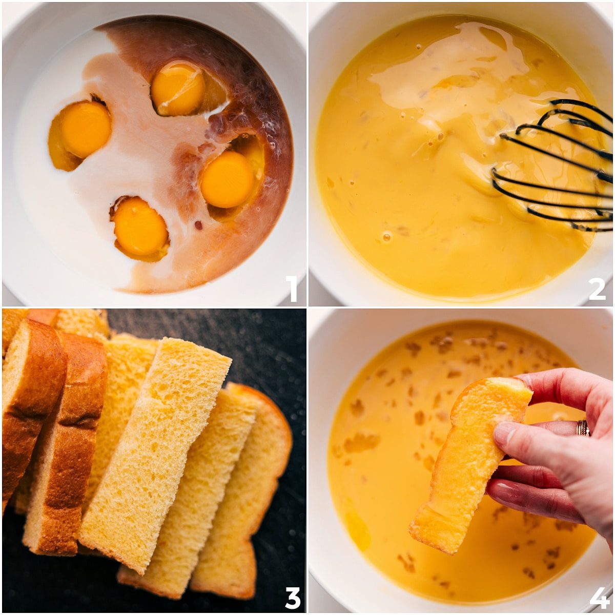 All the batter ingredients whisked together for this French Toast Sticks Recipe, with the bread sticks dipped in the batter.