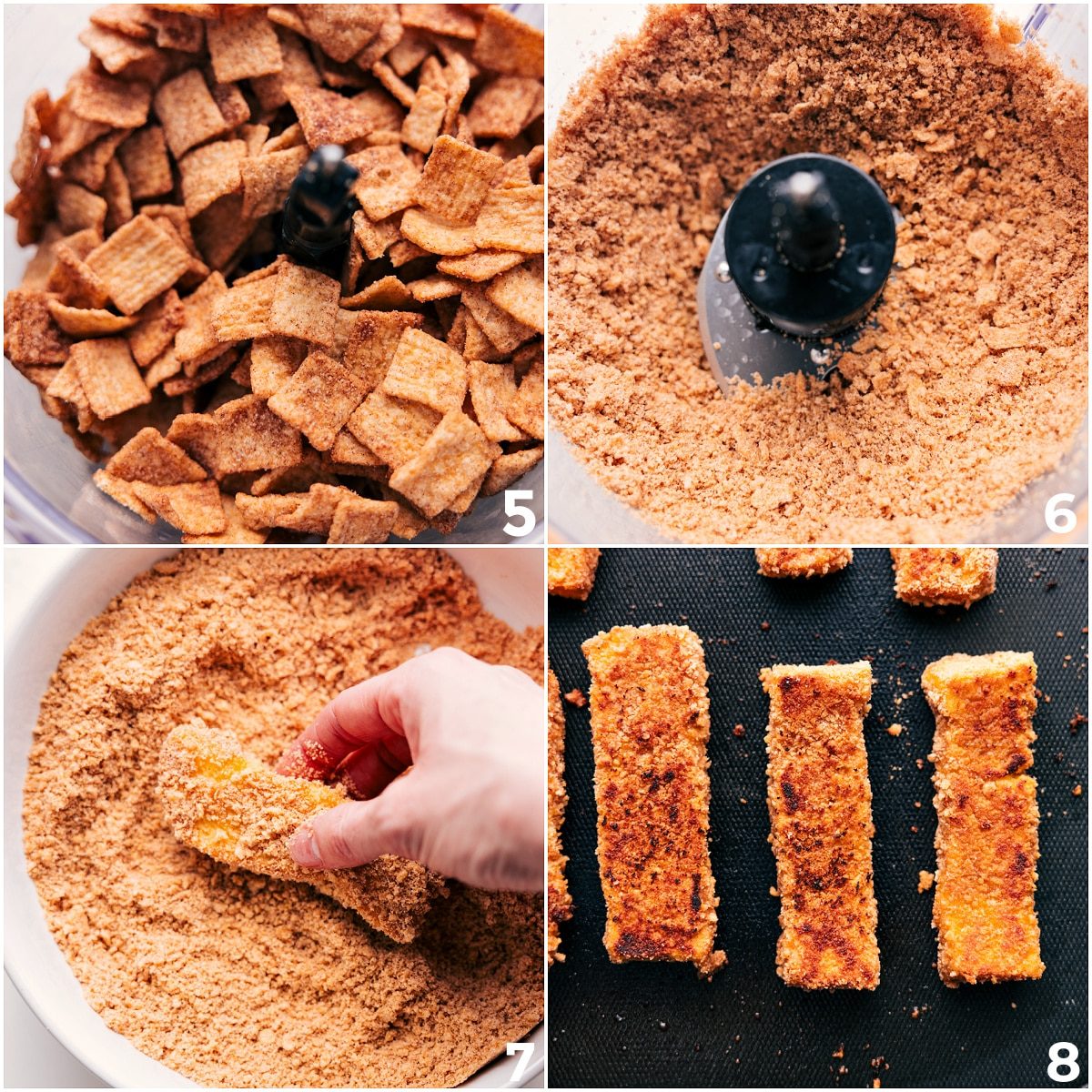 Cinnamon Toast Crunch cereal blended into a fine dust, coating the batter-dipped toast sticks before cooking.